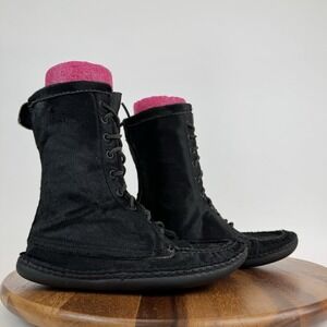 Womens Quoddy Black Pony Hair Lace Up Mid‎ Crepe Sole Moccasin Boots Size 8.5 M